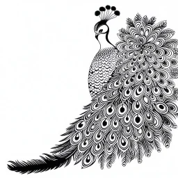 white, A peacock decoration, line art, white background, outline, with images neatly contained within the background, just black and white color, full body, no color. Looking front , front view, 8k