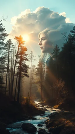 portrait of two girls Double exposure surreal digital art of a mysterious , his face in profile, blending seamlessly into the shape of the clouds . a magical forest scene unfolds, illuminated by golden light rays, with tall trees and a flowing river.