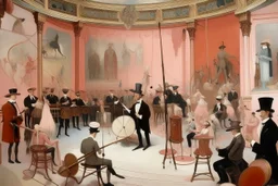 A pale pink magical circus with orchestra instruments painted by Edgar Degas