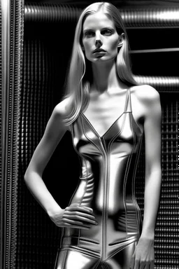 beautiful woman, anorexic, silver onepiece swimsuit, photorealistic, blond hair to chin, style: helmut newton, total, no zipper, no fabric on legs