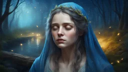 Old canvas, Portrait of a medieval beautiful sad woman 20 years old, closed eyes, fantasy, night, fog, blue, loose hair, forest, bridge, water, sparkles, fireflies, fine rendering, bright colors, high resolution, 3D, clear lines, photorealism ,