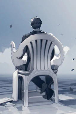 male character sitting on a plastic chair seen from behind, line arts, greyscale