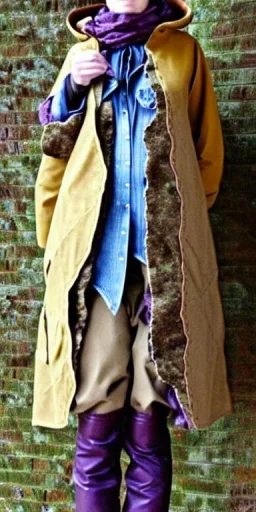 Image shows wholly a Brunette. average body type. Mantle is sewed of recycled Denim and sewed together of camouflage pieces. Camouflage colors are orange,terracotta, cream and purple. Cream latex gaiter. More yellow(Munsell)!!!Big bright purple/khaki felt tippet and cream or blue or lilac colored-hood. mantle is merged with satchel. . AKG-style headphones (gold rings!) is merged with small felt cap with small visor. Style: Haute Couture in 1936, Paris fashion in 2023.