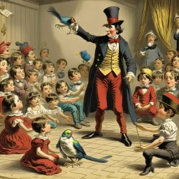 A magician stands in front of a group of children who sit in front of him on a mat on the floor and pulls out a rabbit from a top hat, the children look open-mouthed and wide-eyed and clap their hands, in the background a parrot stands on a pole and observes what is happening