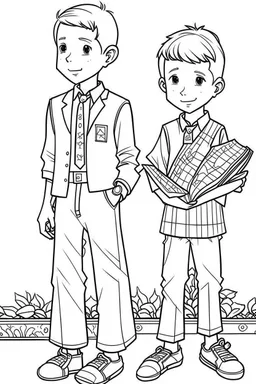 Outline art for coloring page OF 1945 CHURCH CLOTHES FOR BOYS, coloring page, white background, Sketch style, only use outline, clean line art, white background, no shadows, no shading, no color, clear