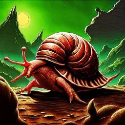 90's fantasy tcg art of a snail creature on alien planet