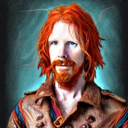 Portrait of Courtney Gains as a ruggedly handsome but joyful roguish pirate, charismatic, attractive male, masculine, perfect, precisely detailed, lightly freckled face, meticulously detailed multi-hued ginger carrot colored cherry fire red hair; Malachai of the corn; fantasy, intricate, elegant, highly detailed, digital painting, artstation, concept art, matte, sharp focus, illustration, art by artgerm and greg rutkowski and alphonse mucha