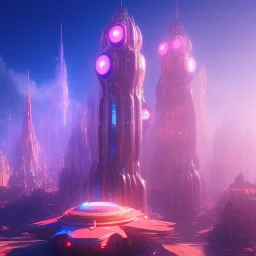 a crystalised blue pink futuristic city suspended in the air, gold, diamonds, lightbeams, sunny atmosphere, realistic, unreal engine, 8k. Cinematic lighting, octane render.