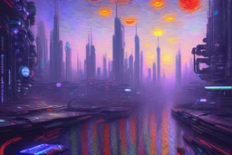 Futuristic cyberpunk street, planet in the sky, claude monet impressionism painting