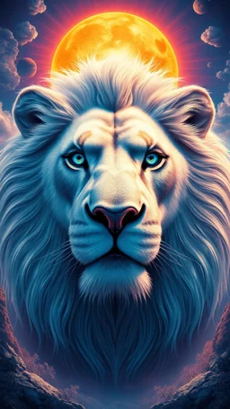 The face of a powerful white lion with blue eyes and a large sun behind its head in a beautiful and amazing view and psychedelic atmosphere.