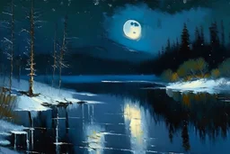 Night, Moon, distant mountains, pine trees, lagoon, lagoon reflections, winter, ice, snowy land, lesser ury and otto pippel impressionism paintings