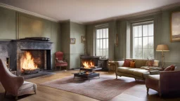 Sitting-room interior, fireplace with open fire and hob and oven, 1950 UK house, chairs have four legs, tables have four legs, window, clean, neat, tidy, affluent, expensive, fashionable, luxuries, award-winning color photograph, Ultra Realism, 16k, HDR, High Quality, Sharp Focus, Studio Photo, Intricate Details, Highly Detailed