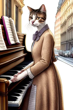 One single mature cat lady playing piano on the street, Vienna, fiacre, friendly, model style, hyper realistic, extremely accurate, delicate, extremely detailed, Graphic novel style, wide-angle, open aperture, superfine pencil