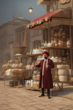 Turkish milk seller with he is Rajab Tayyip Erdogan and wearing a turban in 1900 Ultra-wide angle Highly realistic precise details Detailed panoramic view Detailed distance Professional Quality 4K