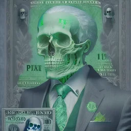 a head and shoulders portrait of a skeleton dressed in a three-piece suit as the president of the united states, based on us currency, united states one dollar bill, shades of green, real-life, colors match the united states one dollar bill, realistic, robotic,