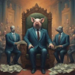 rich pig in suit on a throne making stacks of money by making a deal with a buisnessman. background of musicians. beksinski style