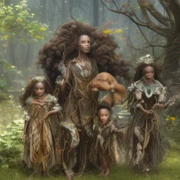 4K. Ultra real photo.three black women. Three Dark skin black women .three women. A mother. Two black daughters . A mother with her children. three young black women. wood nymphs emerging from the forest. Her hair looks like vines. Dreadlocs. Her skin is the colour of dark soil. Her skin looks like tree bark. Her clothing is made of vines, grass and leaves.