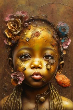 an abstract painting of rusted metal and flowers, heart filled with tears African baby, rust, scaffolding, iron cladding, decay, mixed media, textured, anatomically correct, beautiful perfect face, sharp focus, highly detailed