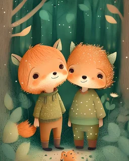 Two boys in the forest with big cute heads, small body. Fox tails and ears. Brown pants. Big sparkly eyes. Soft baby pastel colours. Fuzzy and hairy. Sparkles around. Green and orange sweet colours. sparkles. Soft toys. Happy.