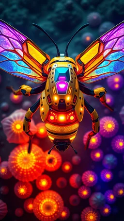 top-down aerial shot, segmented wasp-like mech with ultraviolet cyber wings, pulse-core abdomen, toxic emitter vents, fluorescent mushroom forest with glowing hives, aggressive volatile energy, hyper-detailed, neumorphix clean