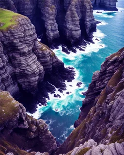 from the point of view of a rock climber, look down at the ocean rocks below as you climb high into the bluffs of ireland. holding on to the cliff face, the ocean below storms and swirls around a giant whirlpool, a great pit in the ocean