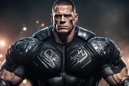 John Cena wwe in a mega cool Black iron super suit with on his arms and shoulders, hdr, (intricate details, hyperdetailed:1.16), piercing look, cinematic, intense, cinematic composition, cinematic lighting, color grading, focused, (dark background:1.1)