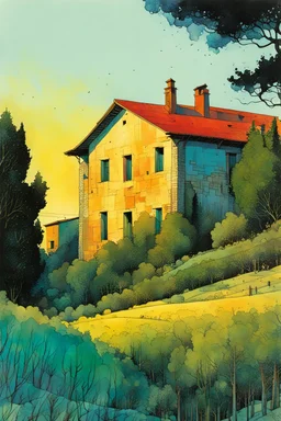 create a wildly abstract illustration of a highly detailed fortified Italian farmhouse surrounded by Lombardy poplar trees, in the hills of Tuscany at dawn, in the comic book art style of Bill Sienkiewicz, and Jean Giraud Moebius, finely textured, drawn, colored, and inked