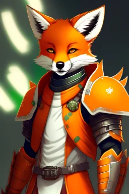 anthropomorphic fox boy wearing orange and white sci-fi armor, anime style, with innocent green eyes, dorky appearance
