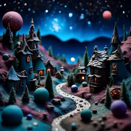 Detailed creepy landscape made of modeling clay, village, stars and planets, Roger Dean, naïve, Tim Burton, strong texture, Ernst Haekel, extreme detail, Max Ernst, decal, rich moody colors, sparkles, bokeh, odd