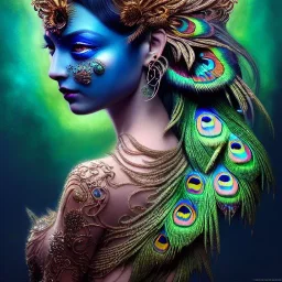 Insanely detailed photograph of an elaborate beautiful peacock goddess intricate glowing skin eyes intricate face hair lashes fur dress hyperdetailed painting by Anna Dittmann Huang Guangjian and Dan Witz CGSociety ZBrush Central fantasy art album cover art 4K 64 megapixels 8K resolution HDR Greek shiny space colours jewelry celestial hair eyes light"