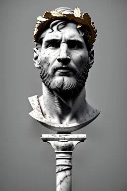 Ultra Realistic image, Roman sculpture, white marble material, Lionel Messi, gold Laurel wreath, chisel style, waist up portrait, epic, celestial, cinematic lighting, God light, god rays, 4k resolution, smooth details, ornate details, soft lighting, unreal engine 5, marble background.