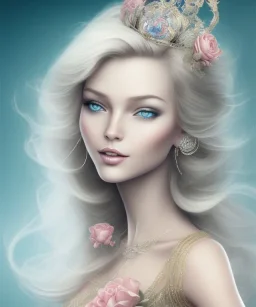 portrait borders head Princess with great bobs long blond hairs, smile,blues eyes no top with flowers