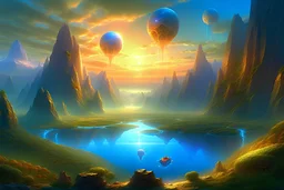 A fantasy painting of mysterious energy orbs in the sky surrounded by floating islands and hovering rocks, a beautiful landscape in the style of Michael Whelan, energy surge, serene countryside, lush forests, soaring mountains, impressive detail, sunset, high resolution, 4K, 8K, masterpiece
