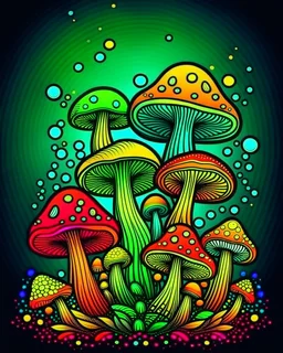 Mushrooms colorful page cartoon, simple bold precise lines, color background