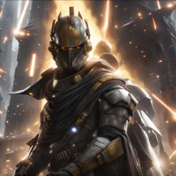 star wars bald male corellian pilot wearing pearlescent black and gunmetal grey First Order special forces heavy assault armor and helmet with gold trim inside the jedi temple, centered portrait, hyperdetailed, dynamic lighting, hyperdetailed background, 8k resolution, volumetric lighting, light skin, fully symmetric details