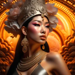 Hyperrealistic wetring style hoa bình hottest asian goddess orero dream adorned with whums, Kodak color, silver hot goddes dadaism silter style, sharp focus, 33mm photography, ornate, hypermaximalist, photorealistic light pink and dark silver rust gradient and front jut detailes, textured, background extremely detailed