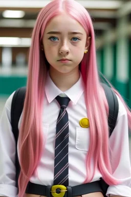 young woman with long pink hair in school uniform