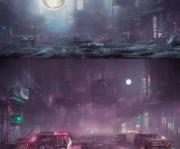 digital art, trending on artstation, a post apocalyptic world ruled by rusty machines under a full moon in a gigantic city full of neon lights and machines acting like humans, these being the vast majority of the population.