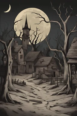 A chillingly eerie cartoon-style image of village, blood, moonlight, dead trees