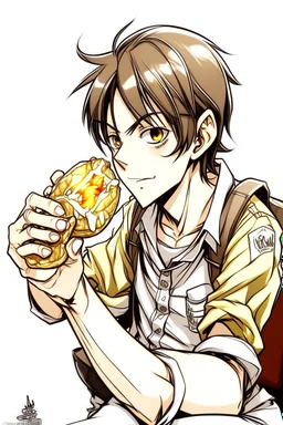 Cartoon sketch of Eren Yeager eating tacos and drinking soda.