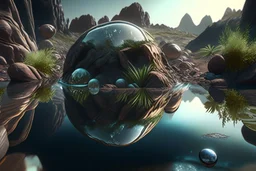 exoplanet, water reflection, rocks, vegetation, photography, hyperrealism, hd.