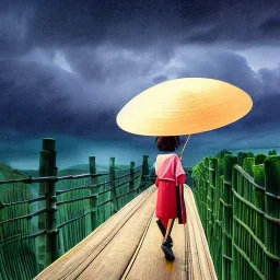 close view from behind of japanese girl on a wooden walkway holding bamboo unbrella and looking at a stormy sky with rays of sunlight breaking through the stormy sky, ocean, 8k, high-quality, ultrafine-detail, intricate, digital painting, brian froud, howard lyon, selina french, anna dittmann, annie stokes, Greg Rutowski