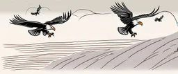 2 birds being chased through the air by an eagle, they each trail a graphic line behind them, and lost feathers, vector