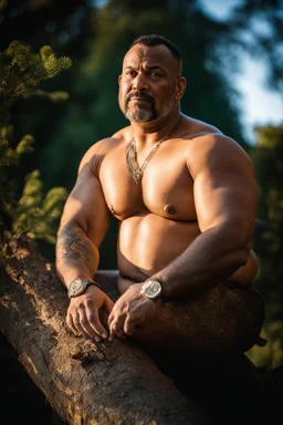 close up photography of a marocan 44 years old seated on a tree trunk in the wood, burly chubby muscular overweight, manly chest, white bulging boxer, shirtless, hairy , golden hour, tatoo,, 35mm lens, f/1.8, accent lighting, global illumination, frontal view from the ground