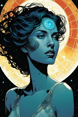 create an ethereal, otherworldly woman, her body wreathed in the cosmos utilizing sacred geometry, fractals, reoccurring patterns in the comic book art style of Mike Mignola, Bill Sienkiewicz, and Jean Giraud Moebius, with highly detailed and finely inked facial features , dramatic natural lighting