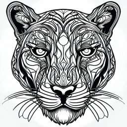 Panther front face view, minimal lines, cartoon, mandala, white back ground color, real style, realistic, minimalistic, minimal black line art, line art, crisp line art, unique coloring sheet, outlined, outline, crisp, crisp line edges, illustration, thin lines, crisp clear lines, line art, clean line art, unique, 8k, amazing, masterpiece, no colors, no dark color, no black color, avoid thick black, minimalistic line edges, pure white back ground, image character full fit to page,