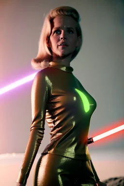 Ultra Realistic retro sci-fi portrait image from 1960, spaceship, sweet young Jane Fonda, tight latex suit, lightsaber fighting stance, soft color, highly detailed, unreal engine 5, ray tracing, RTX, lumen lighting, ultra detail, volumetric lighting, 3d, finely drawn, high definition, high resolution.