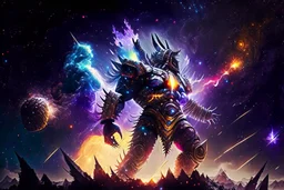 photorealistic gigantic marauder space aztec warrior cyborg made of stars and sparks battling a nightmarish dragon, galactic multiverse, infinity vanishing point, gigantic exoplanet quasar thunderstorm