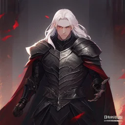 Vampire knight, young man, handsome, long white hair, black full plate armor, red cape