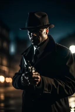 primer plano de una grillo detective con sobretodo oscuro, policial negro, fondo de paisaje urbano, húmedo y oscuro, contraluz, atmosfera de misterio apuntando con la pistola apuntando